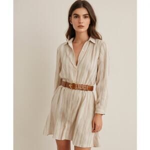 Suncoo Top Blouse Shirt Long Sleeve Beige Tan White Striped Hi-low Tunic 0 Tall